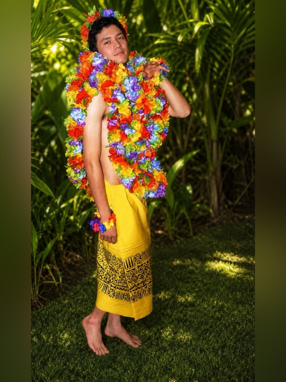 🎃 Vintage Fijian Batik & Leis Unisex Tropical Dance Halloween Costume Yellow